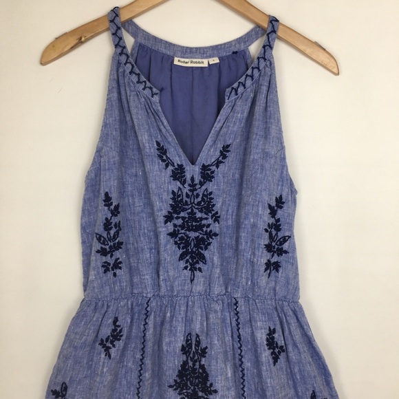 Anthropologie Roller Rabbit Mini Dress Embroidered Linen Blue Sleeveless Size XS - Picture 6 of 16
